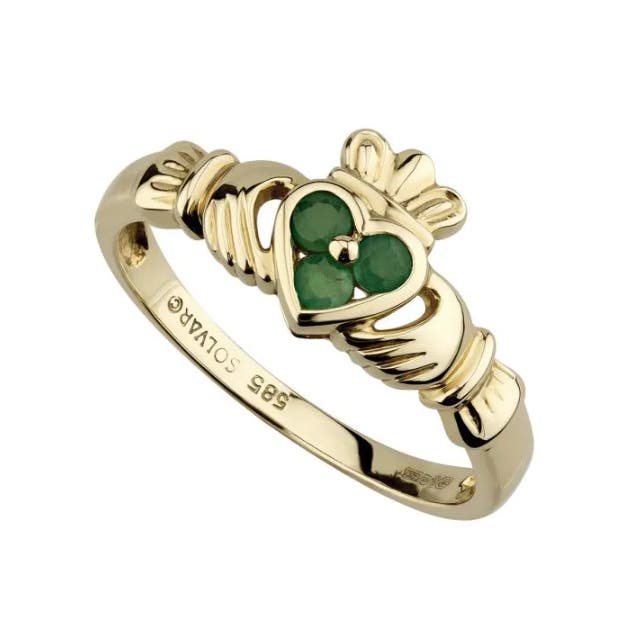 14k Yellow Gold Emerald Heart Claddagh Ring